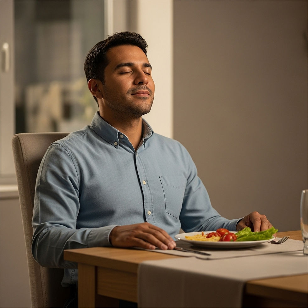 Persona respirando con calma al terminar de comer, representando la pausa de presencia post-comida que protege la digestión y la claridad mental.