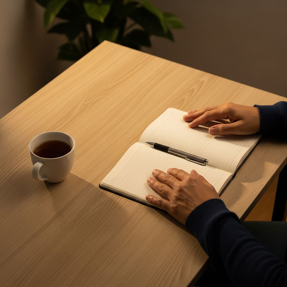 Manos descansando sobre un cuaderno junto a una taza caliente, representando una pausa de presencia en medio del día.