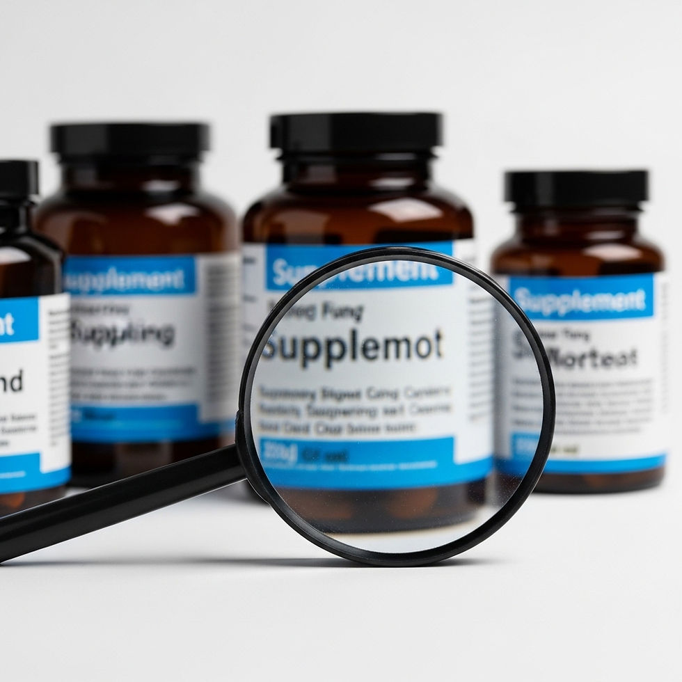 Lupa sobre etiquetas de suplementos, representando la necesidad de leer críticamente las promesas del marketing de la industria.