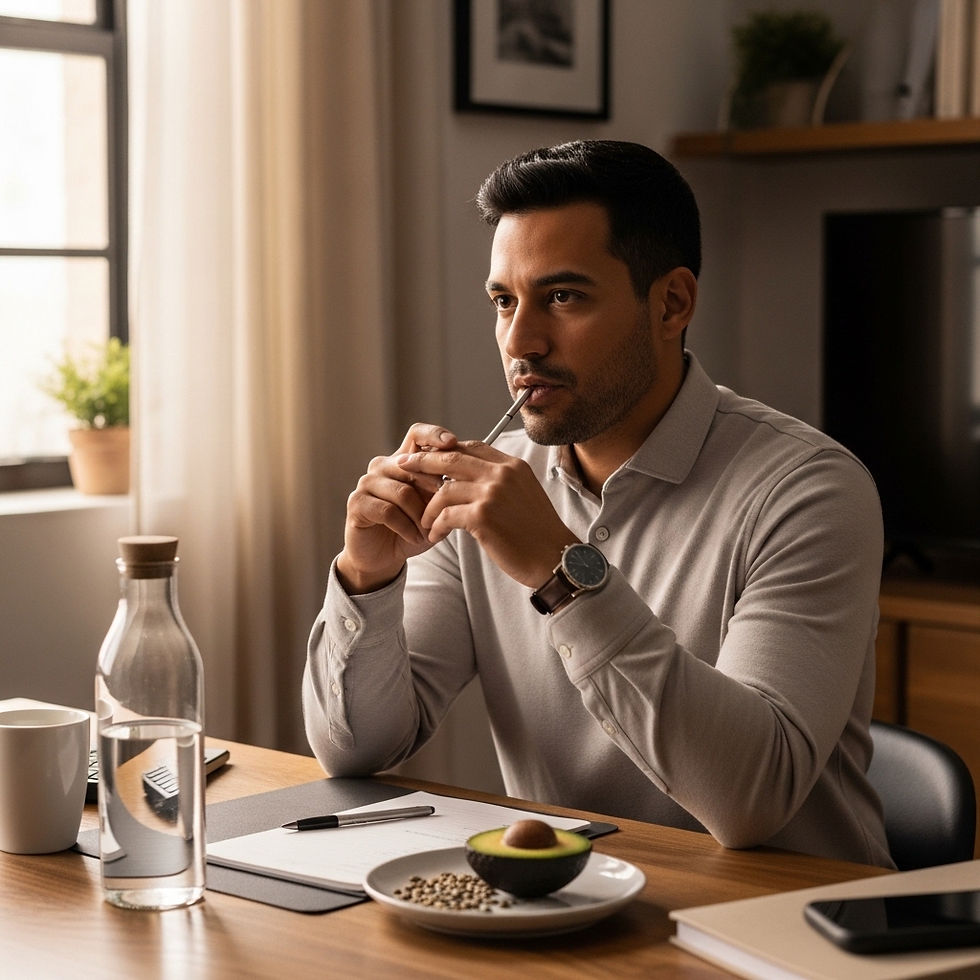Profesional latino en su escritorio con agua y snacks nutritivos, representando cómo la densidad de nutrientes reduce la dependencia de estimulantes como la cafeína.