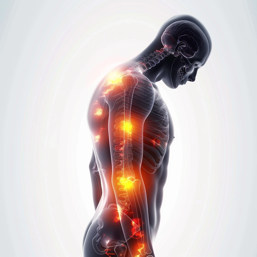 Ilustración médica moderna que muestra zonas inflamadas en el cuerpo humano, representando la inflamación crónica como causa oculta de fatiga.