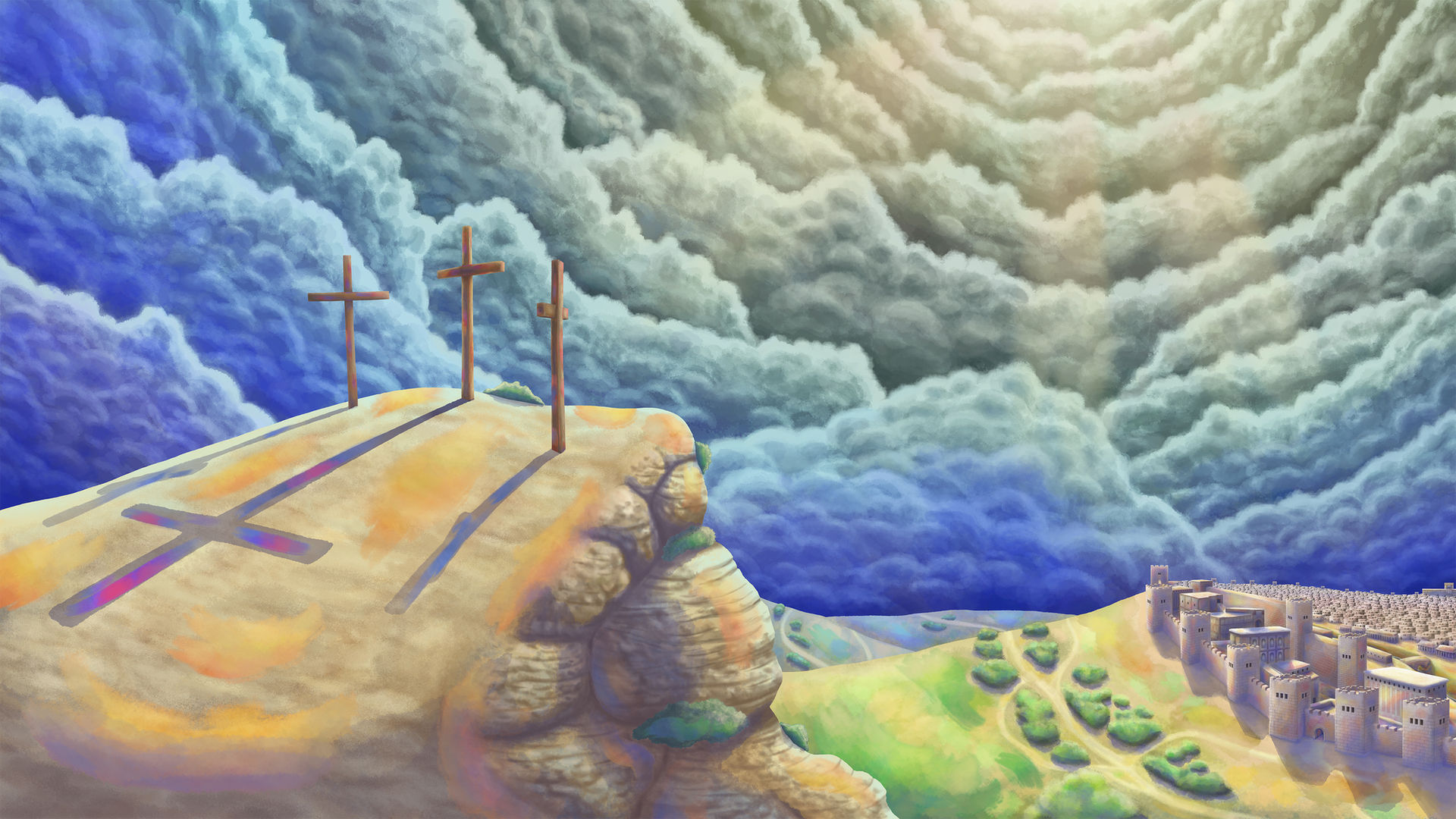 High-Quality Digital Painting, For God so loved the world
This is an original work of art created by Martin Gargaglione to glorify God. It is inspired by Calvary and the death, burial, and resurrection of Jesus Christ.
"For God so loved the world, that he gave his only begotten Son, that whosoever believeth in him should not perish, but have everlasting life." - John 3:16
Cross, Crucifixion, Golgotha Hill, Calvary, Jerusalem, Bible, colorful, light rays