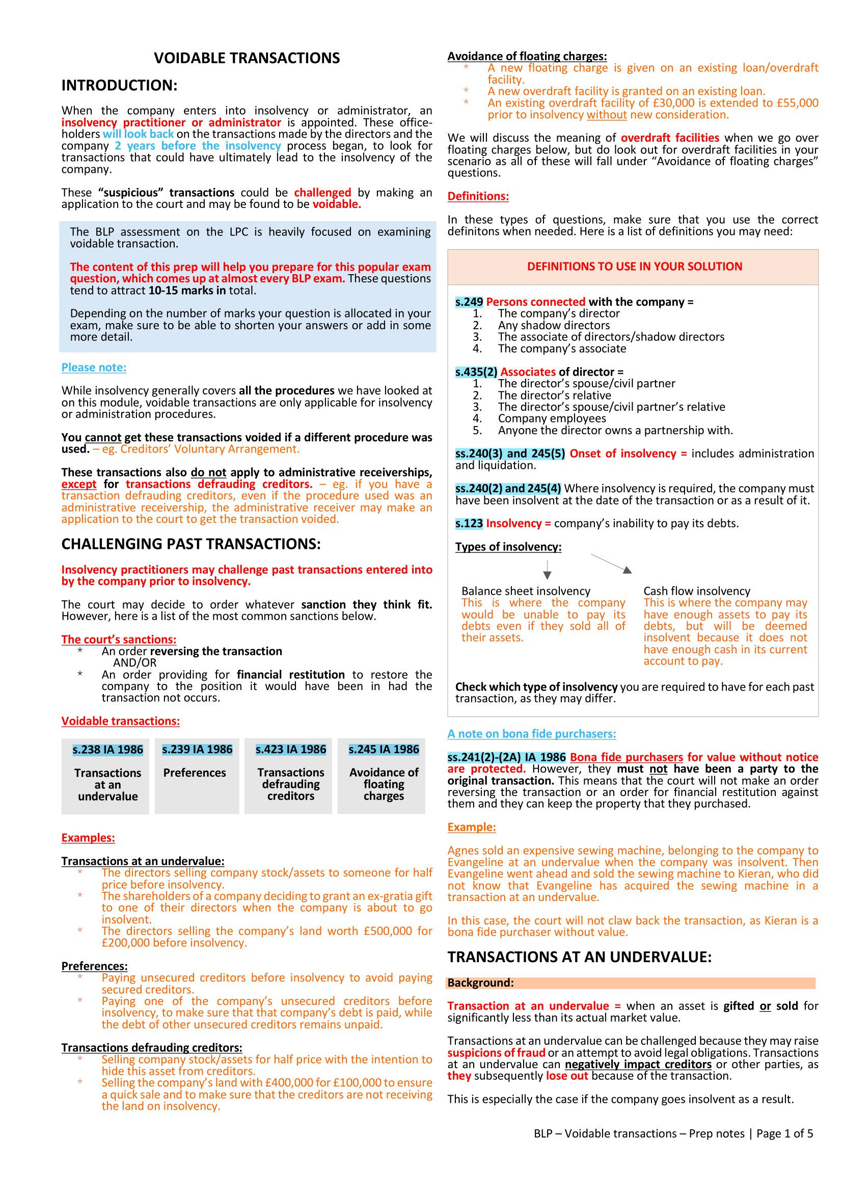 LPC BLP Voidable transactions Prep notes 2024