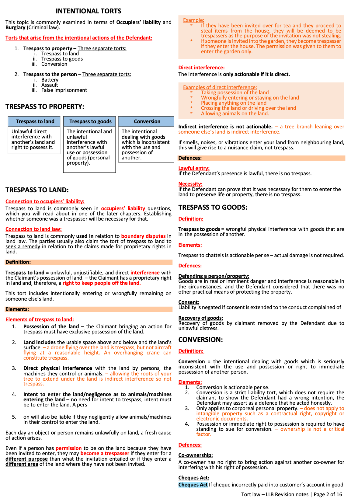LLB Tort Law Revision notes 2025