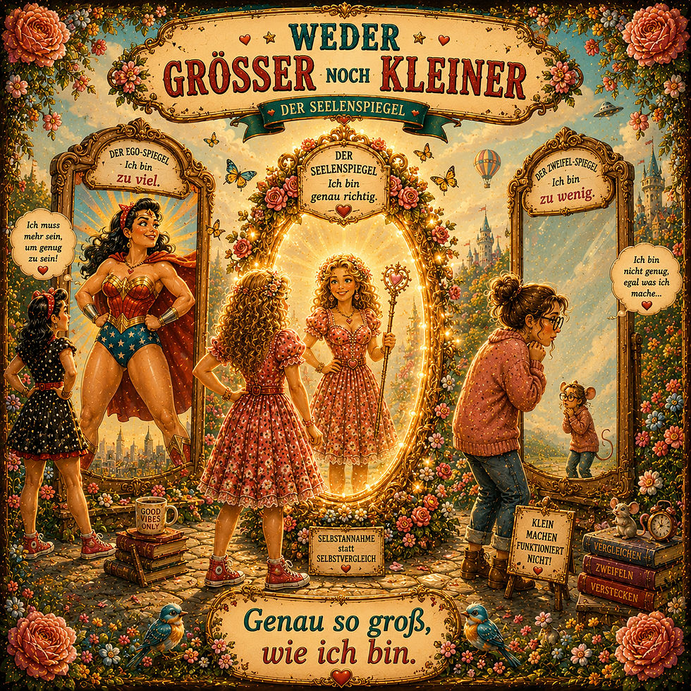 Buntes Poster mit Spiegeln, Frauen und Kindern; Texte zu Selbstannahme: Weder grösser noch kleiner, genau richtig.