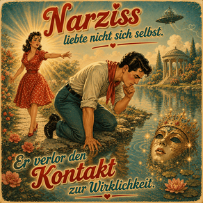 Retro-Poster: Frau in rotem Kleid und kniender Mann am See; Maske im Wasser, UFO oben, Text: Narziss liebt sich selbst.