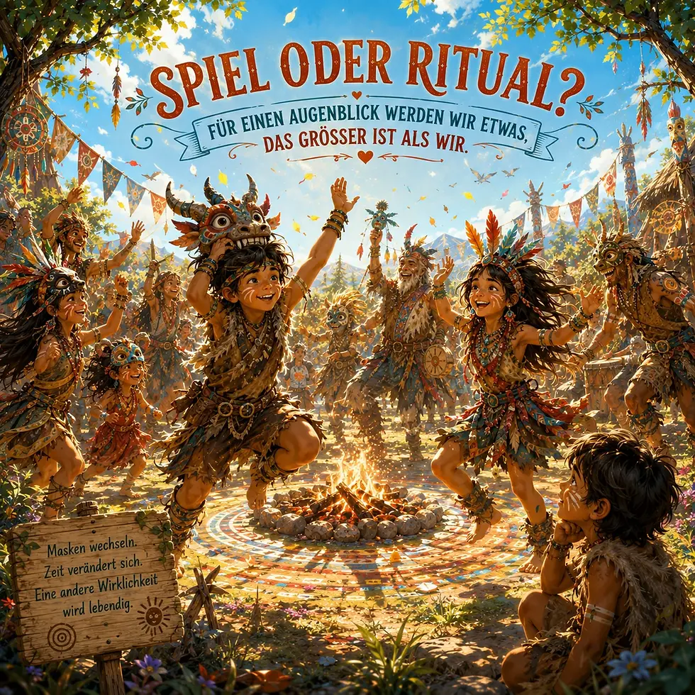 Maskierte Kinder und Erwachsene tanzen um ein Lagerfeuer; oben: Spiel oder Ritual?, unten Schild im Wald.