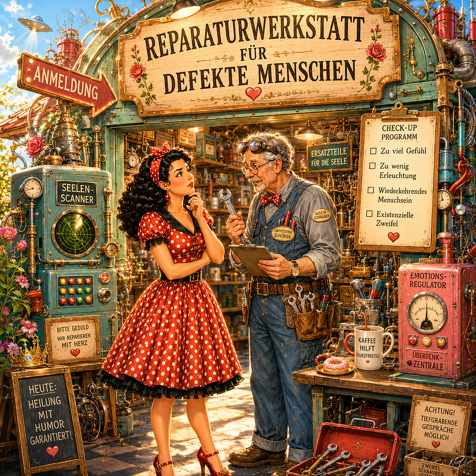 Rockabilly-Frau mit goldenem Zepter besucht eine Reparaturwerkstatt für defet