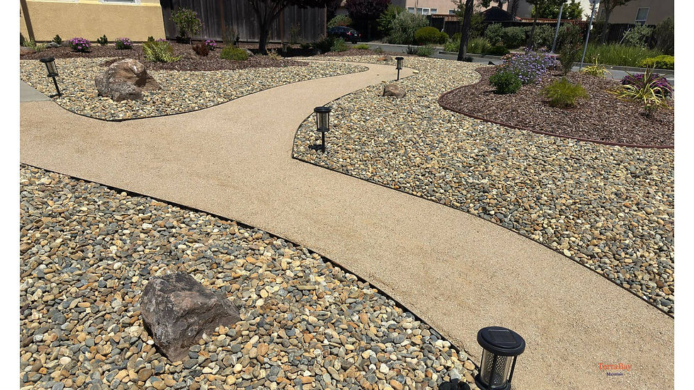 Thumbnail: Monterey Tan decomposed granite pathways bordered by river rock, decorative boulders, garden lights and mulched planting beds