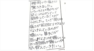 腰周りの痛さに驚きました。色々な場所が足につながっていて関係している事が分かった。ひざ周りの痛さが前回よりかなりなくなっているのが嬉しい。鼻すじが高くなったのも嬉しい。立つ感覚が難しいが早く覚えたいとシルエットの筋膜整体の口コミ