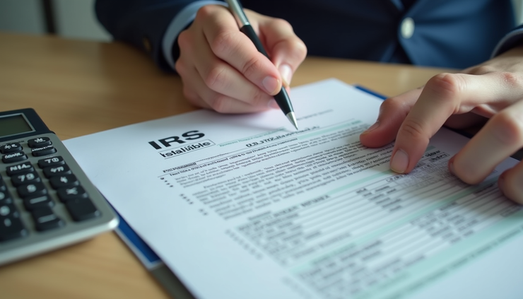 High angle view of person reviewing IRS notice with pen and calculator