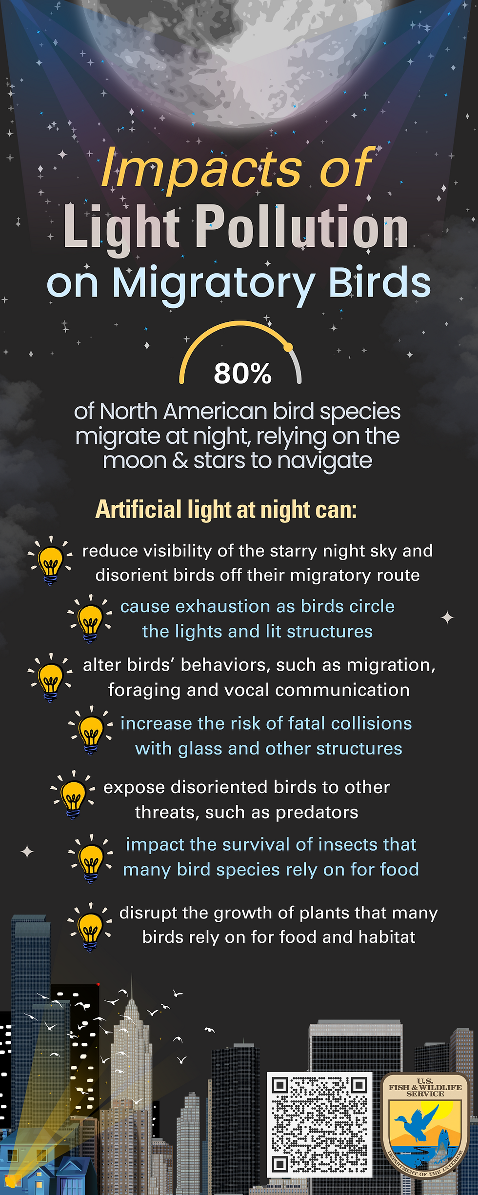 The U.S. Fish and Wildlife Service produced this graphic to educate people about how light pollution can affect migrating birds. (By Rosalie Wetzel of U.S. Fish and Wildlife Service)