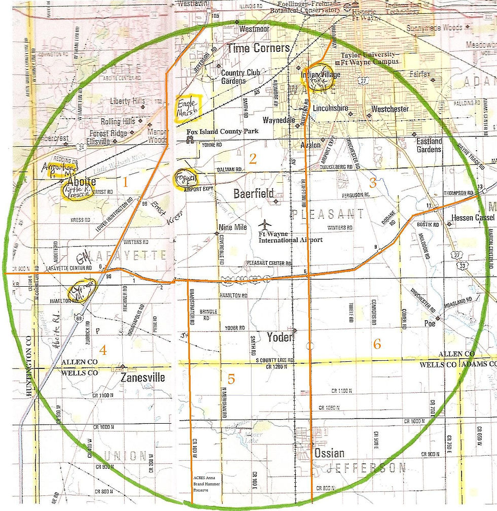 This map shows the Southwest Allen County survey circle for this year’s annual Christmas Bird Count. Volunteers will gather data on America’s bird population Dec. 27 by counting and identifying the species of the birds they see or hear in their area of the survey circle. (From Cynthia Powers)