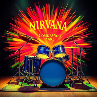 Drum set color explosion with the words Come as you are by Nirvana