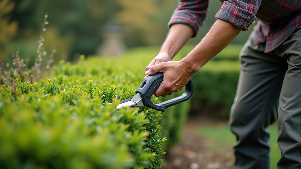 High angle view of a gardener trimming shrubs in a well-maintained garden
