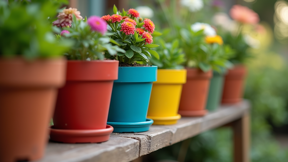 Close-up view of colourful flower pots arranged on a garden shelf