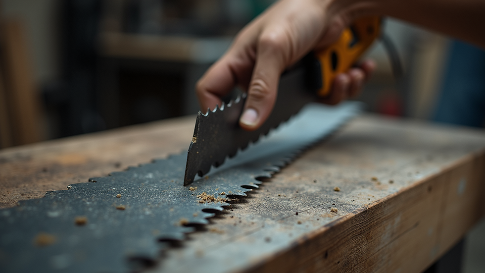Close-up view of a lawn mower blade being sharpened on a workbench