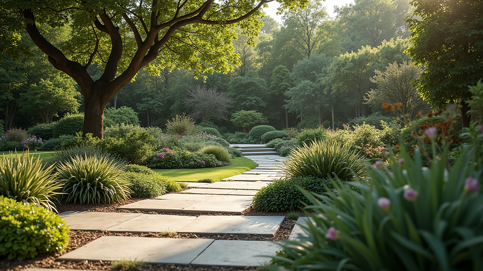 Eye-level view of a garden with multi-level planting and stone pathways