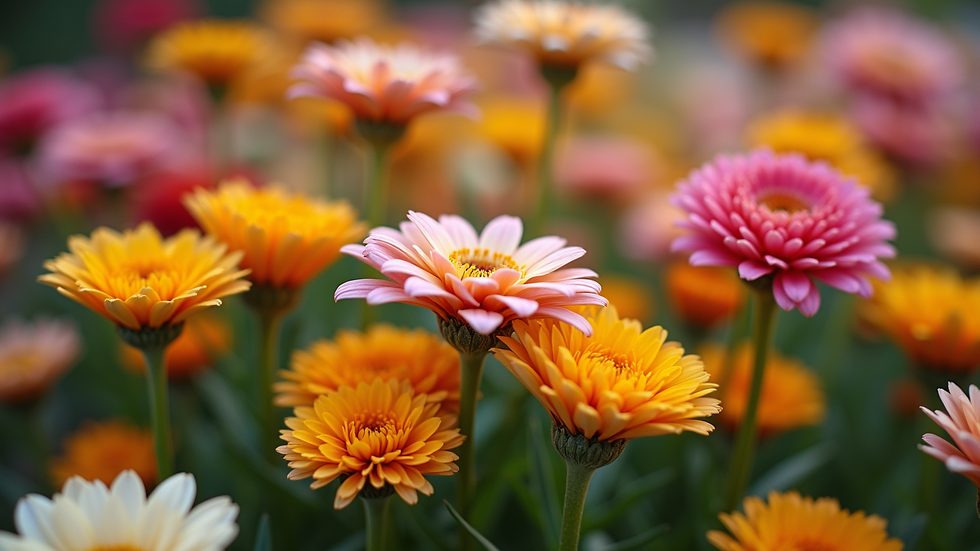 Close-up view of colorful flower bed with mixed textures and shapes