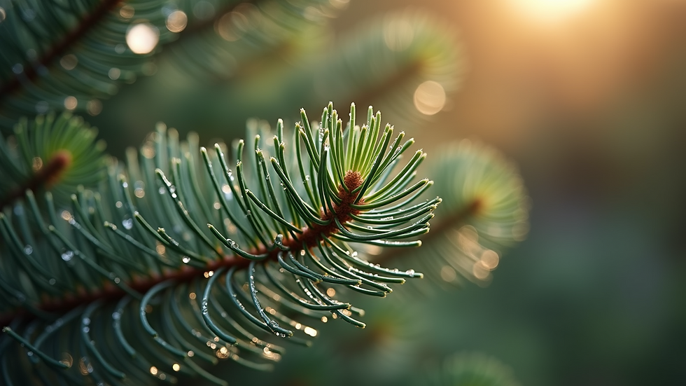 Close-up view of juniper needles with morning dew
