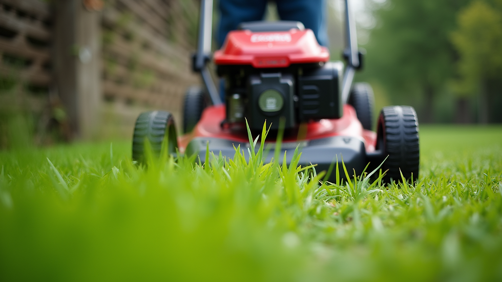Close-up view of a professional lawn mower trimming grass