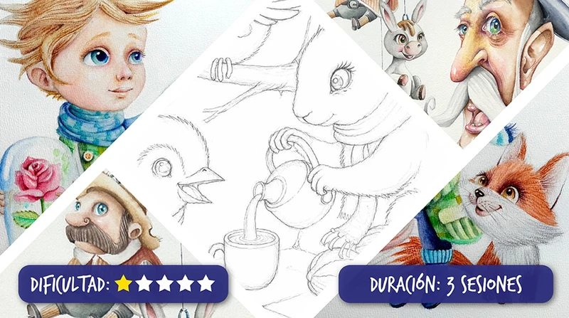 Boceto base para el curso de lápices acuarelables: escena detallada a lápiz de personajes animales (ardilla y pájaros) en una merienda, listos para recibir color y textura paso a paso