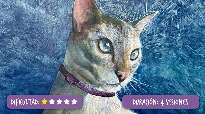 Imagen de portada del curso de ilustración de mascotas, presentando un retrato en primer plano de un perro en acuarela. Se aprecian las texturas de las pinceladas y la profundidad del color en el pelaje y los ojos. El fondo suave incluye pinceles y paletas de colores. El texto principal anuncia: 'Retrato de Mascotas en Acrílico: Captura su Esencia'.