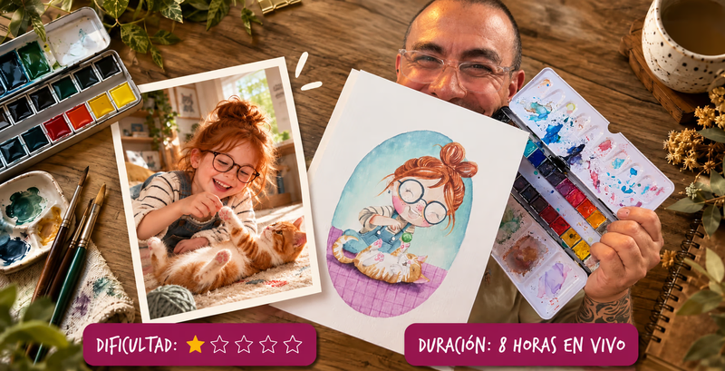 Portada del curso online: 'Convierte tus Recuerdos en Personajes'. Muestra la increíble transformación de una fotografía real de una niña y un gato en una adorable ilustración de acuarela de personajes cartoon. El instructor sonriente te guía en este taller básico de 8 horas en vivo. ¡Crea recuerdos únicos con tus manos!