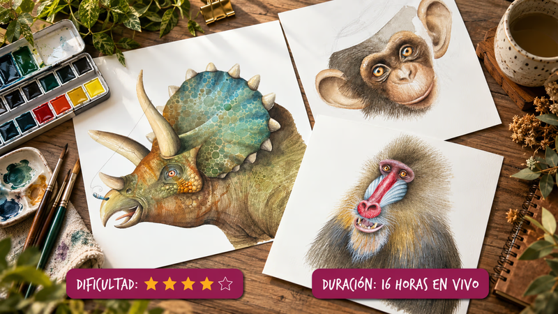 Curso intermedio de acuarela ilustrando texturas animales complejas. Ejemplos de ilustraciones de triceratops, chimpancé y mandril pintados con acuarelas sobre una mesa de madera. Dificultad 4 de 5 estrellas y 16 horas de duración.
