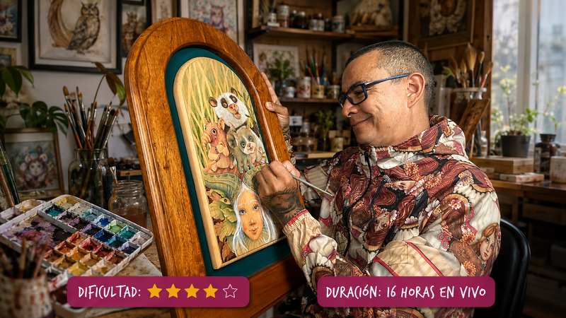 Portada del curso Acuarela 5 sobre Madera. Muestra al profesor Lucho pintando una colorida obra con acuarela directamente sobre la veta de la madera. El curso de nivel avanzado tiene insignias de 4 estrellas de dificultad y 16 horas de duración en vivo.
