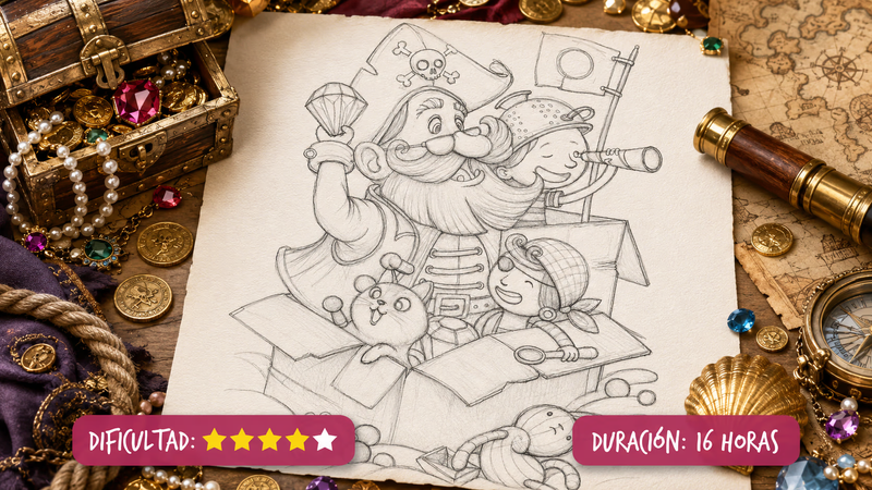 Composición cenital sobre una mesa de madera ambientada con temática pirata. En el centro hay un papel texturizado con un boceto a lápiz que ilustra a un amigable capitán pirata de barba poblada, acompañado por dos niños y un gato, navegando imaginariamente dentro de una caja de cartón. El dibujo está rodeado de elementos reales: un pequeño cofre del tesoro rebosante de monedas de oro y perlas, un catalejo de bronce, un mapa de navegación antiguo, joyas coloridas y una concha dorada. En la parte inferior, dos etiquetas rosadas indican 'DIFICULTAD: 4 de 5 estrellas' y 'DURACIÓN: 16 HORAS'