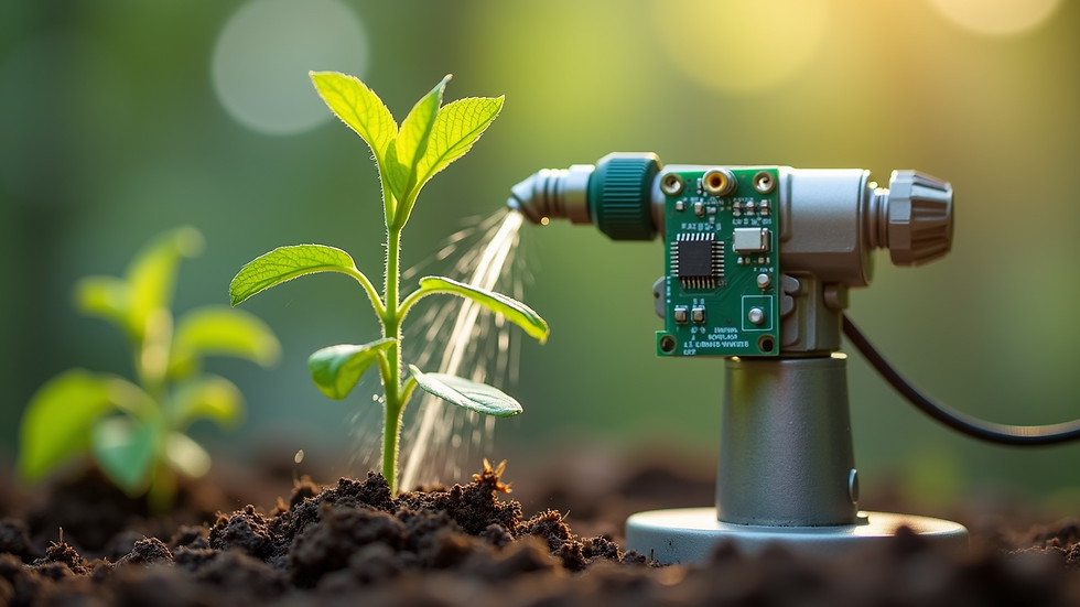 Close-up view of a DIY automated plant watering system with a microcontroller and sensors
