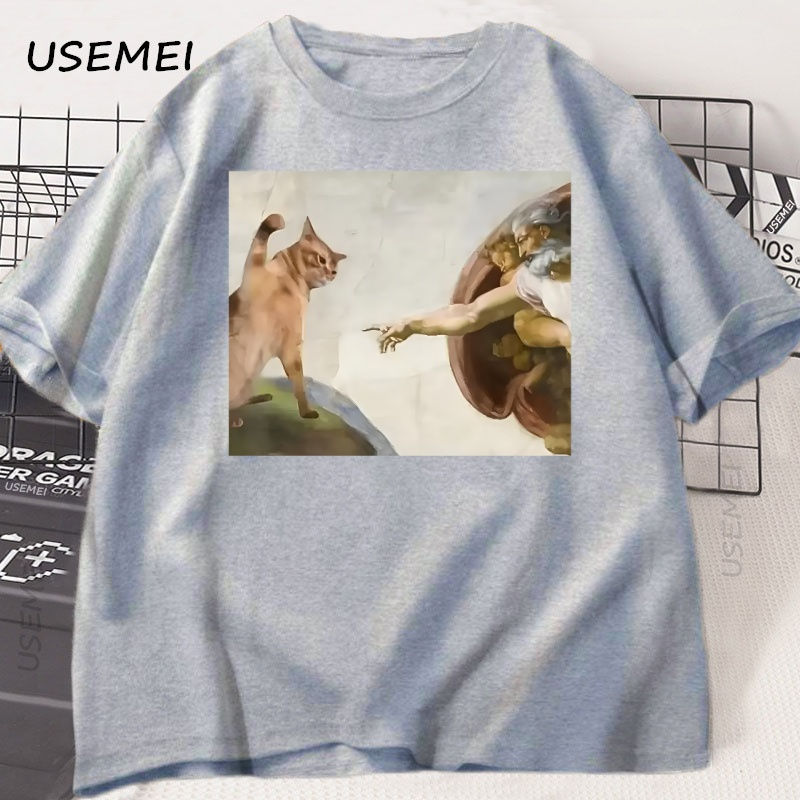 Thumbnail: Funny Cat God Creation of Adam Meme T-Shirt Men Women Casuals Short Sleeve Jesus
