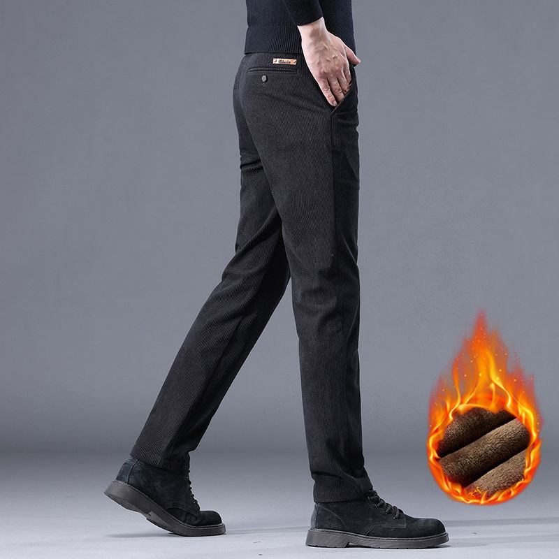 Thumbnail: Khaki Black Gray Fleece Men's Corduroy Casual Pants Chenille Thick Stretch Busin