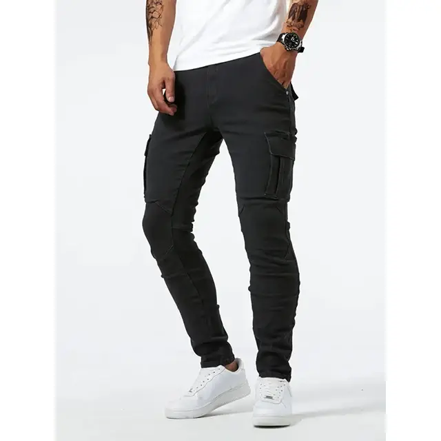 Thumbnail: Street Elastic Jeans Men Denim Cargo Pants Wash Solid Color Multi Pockets Casual