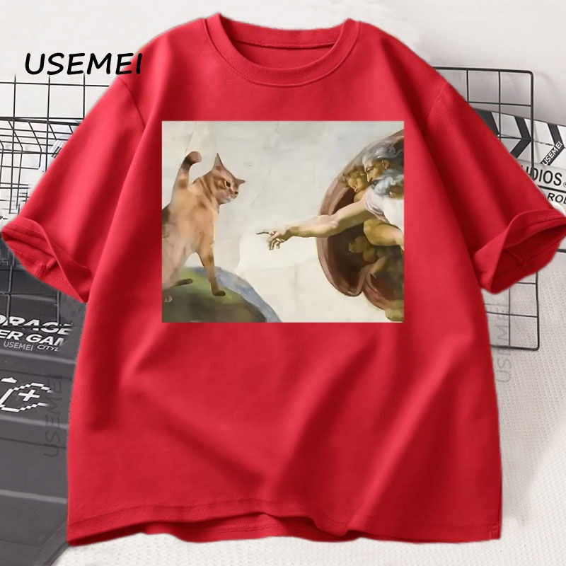 Thumbnail: Funny Cat God Creation of Adam Meme T-Shirt Men Women Casuals Short Sleeve Jesus