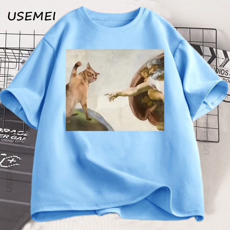 Thumbnail: Funny Cat God Creation of Adam Meme T-Shirt Men Women Casuals Short Sleeve Jesus