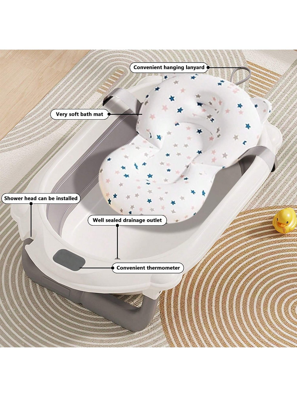 Thumbnail: Baby Bath Tub with Stand (Foldable) – Thermometer, Ergonomic Cushion,Easy to S