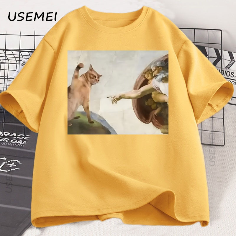 Thumbnail: Funny Cat God Creation of Adam Meme T-Shirt Men Women Casuals Short Sleeve Jesus