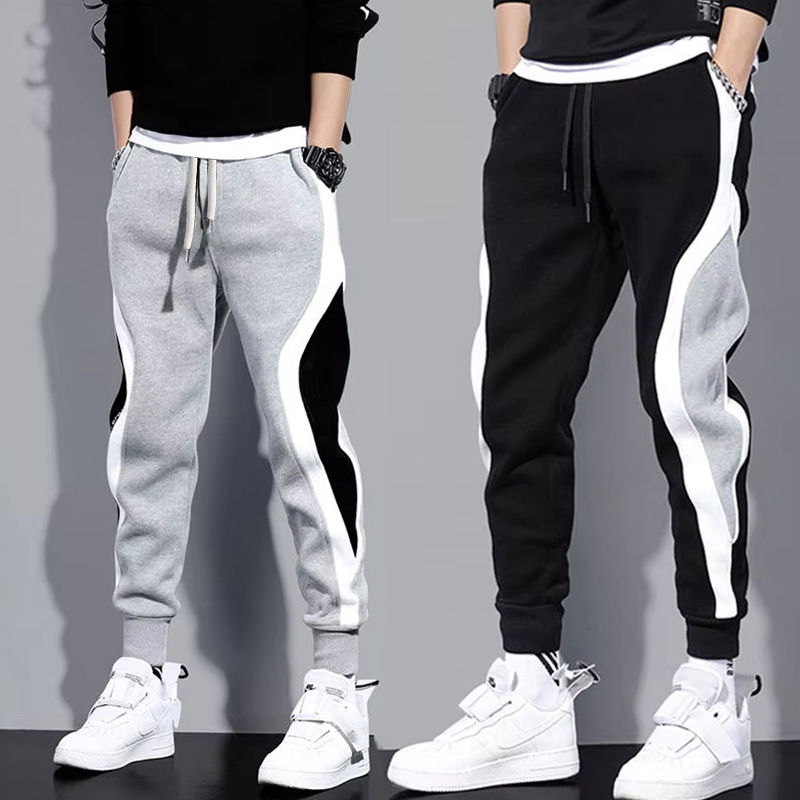 Thumbnail: Men's casual wide-leg, loose-fitting patchwork-style trousers with elasticated 