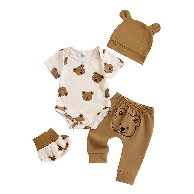 Baby Boy Summer Outfits Bear Print Short Sleeve Round Neck Romper with Pants and