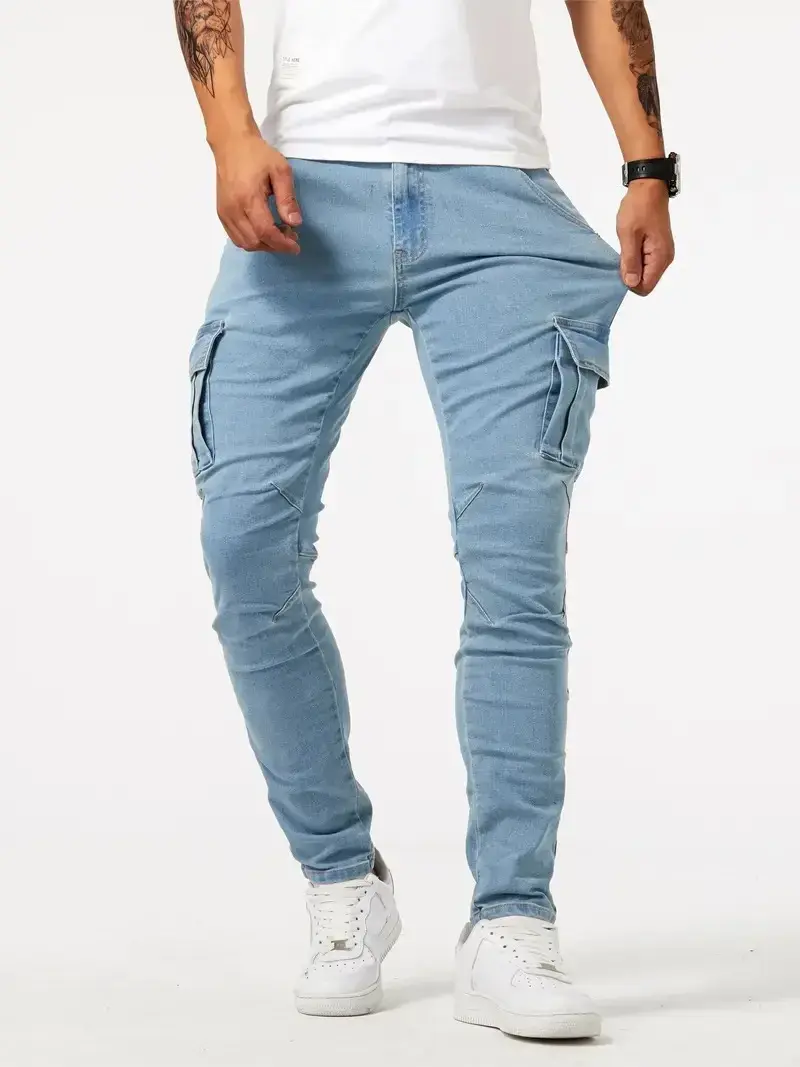 Thumbnail: Street Elastic Jeans Men Denim Cargo Pants Wash Solid Color Multi Pockets Casual
