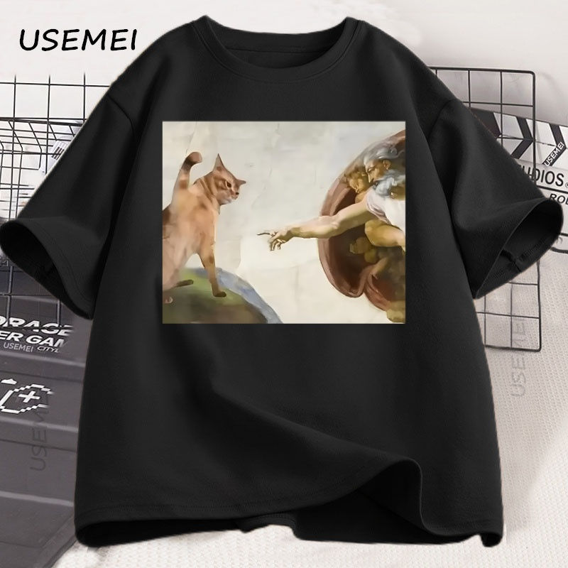 Thumbnail: Funny Cat God Creation of Adam Meme T-Shirt Men Women Casuals Short Sleeve Jesus