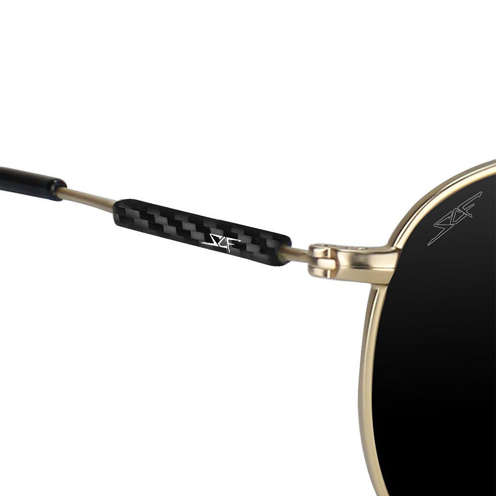 Gold sunglasses temple arm with carbon fiber detail and logo