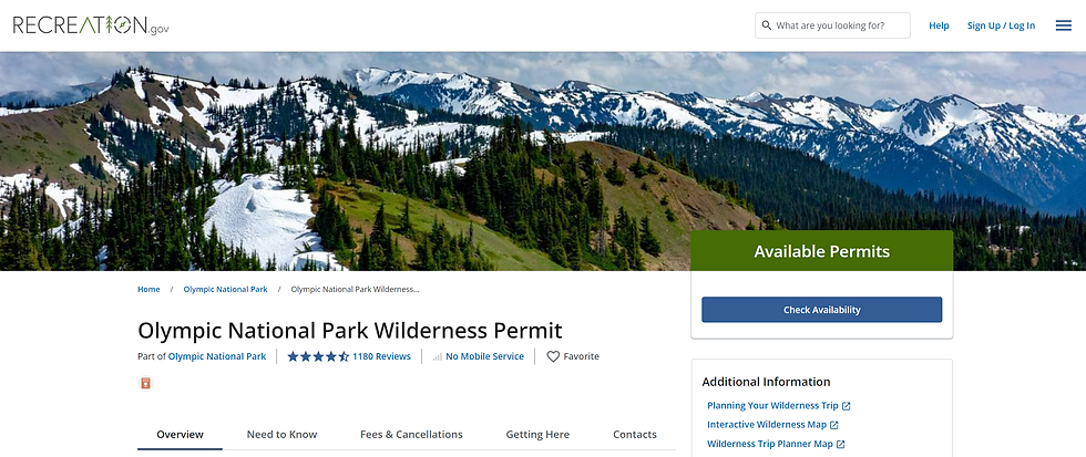 A screenshot of the Olympic National Park Wilderness Permit page of the Recreation.gov website