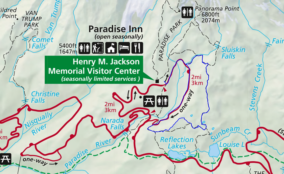 Map of the Paradise area of Mount Rainier National Park with the Mazama Ridge Loop taking the Paradise River Road back to the trailhead marked in blue