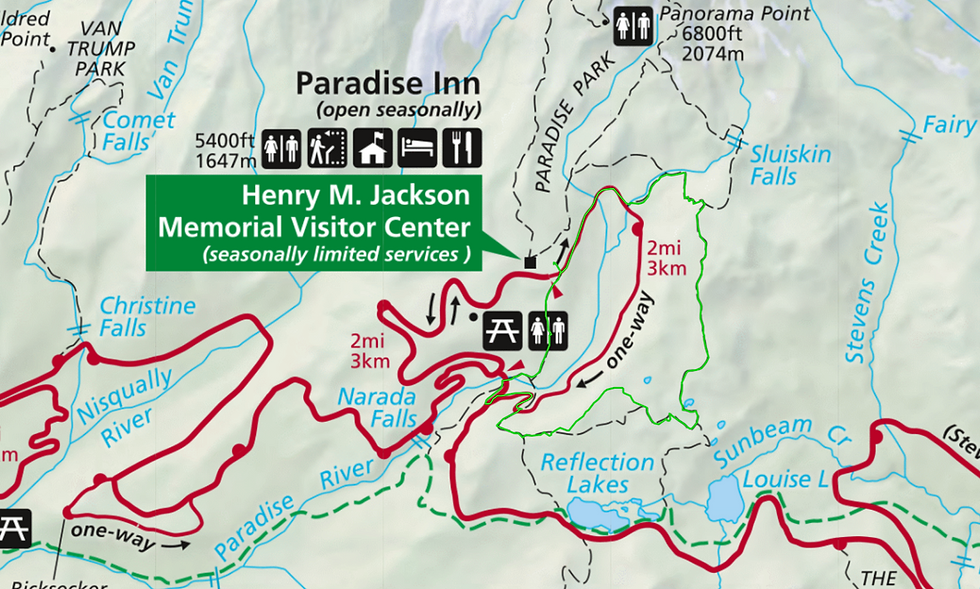 Map of the Paradise area of Mount Rainier National Park with an alternate route of the Mazama Ridge loop marked in green.