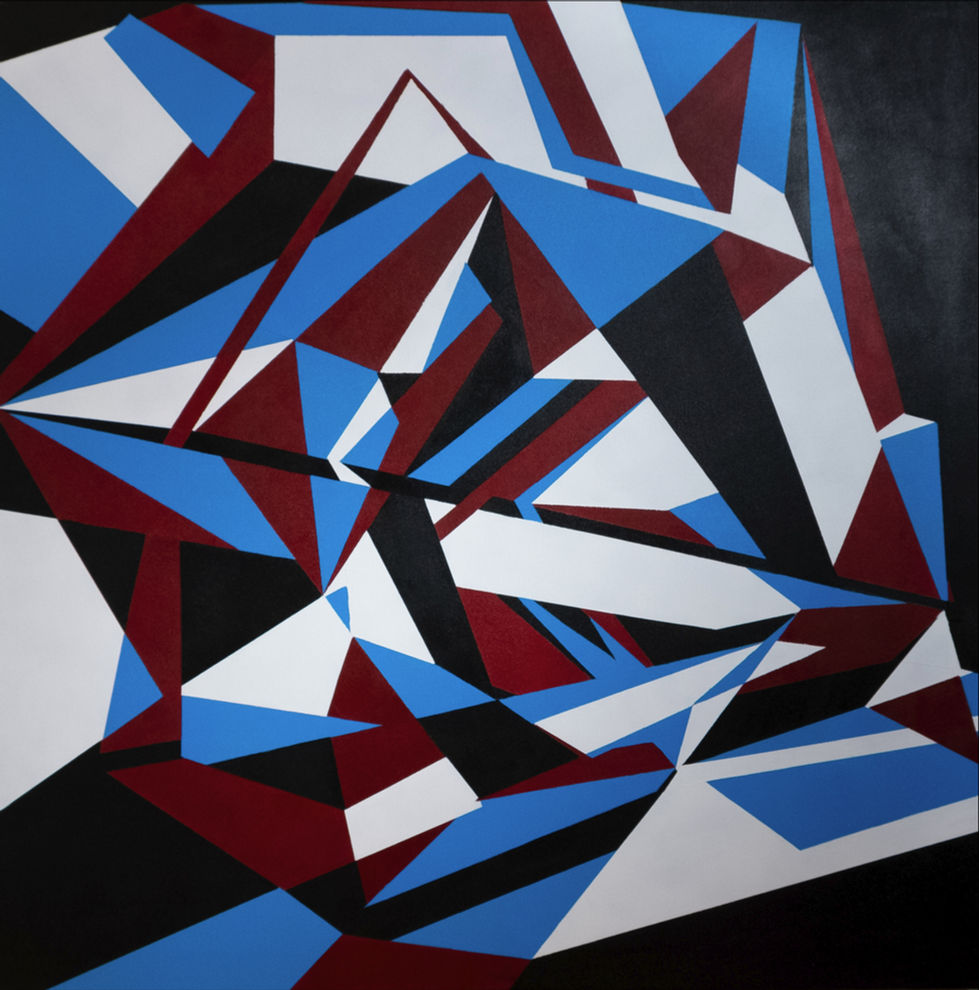 Rta I: geometric abstraction artwork by Mina Stoyanova, blue, white, red, black, hard edge, dynamic composition, 100x100 cm
