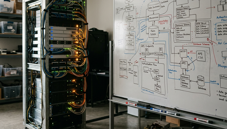 Wide-angle view of a glowing server rack beside handwritten software diagrams