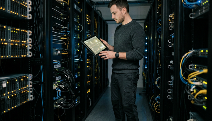 Eye-level view of a technician inspecting blinking network equipment in a server room